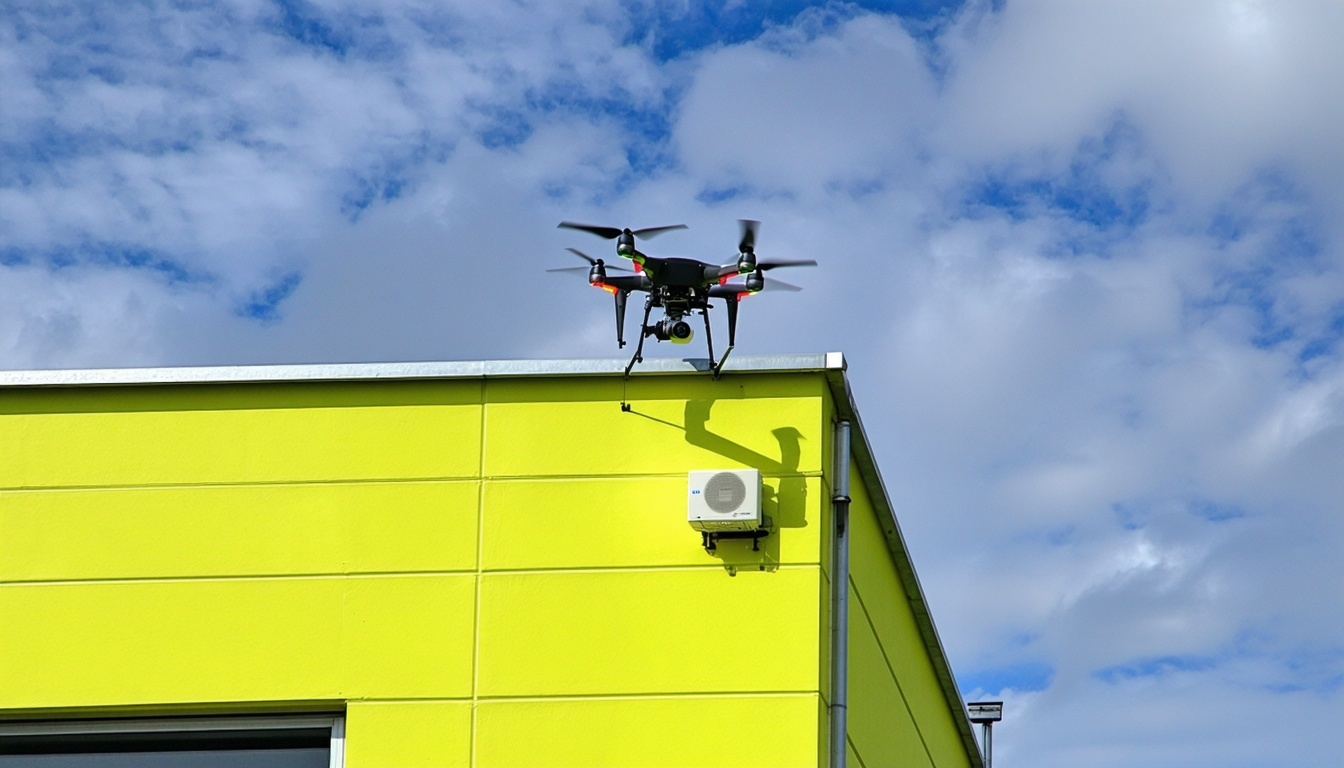 Drone performing thermal inspection on commercial building rooftop