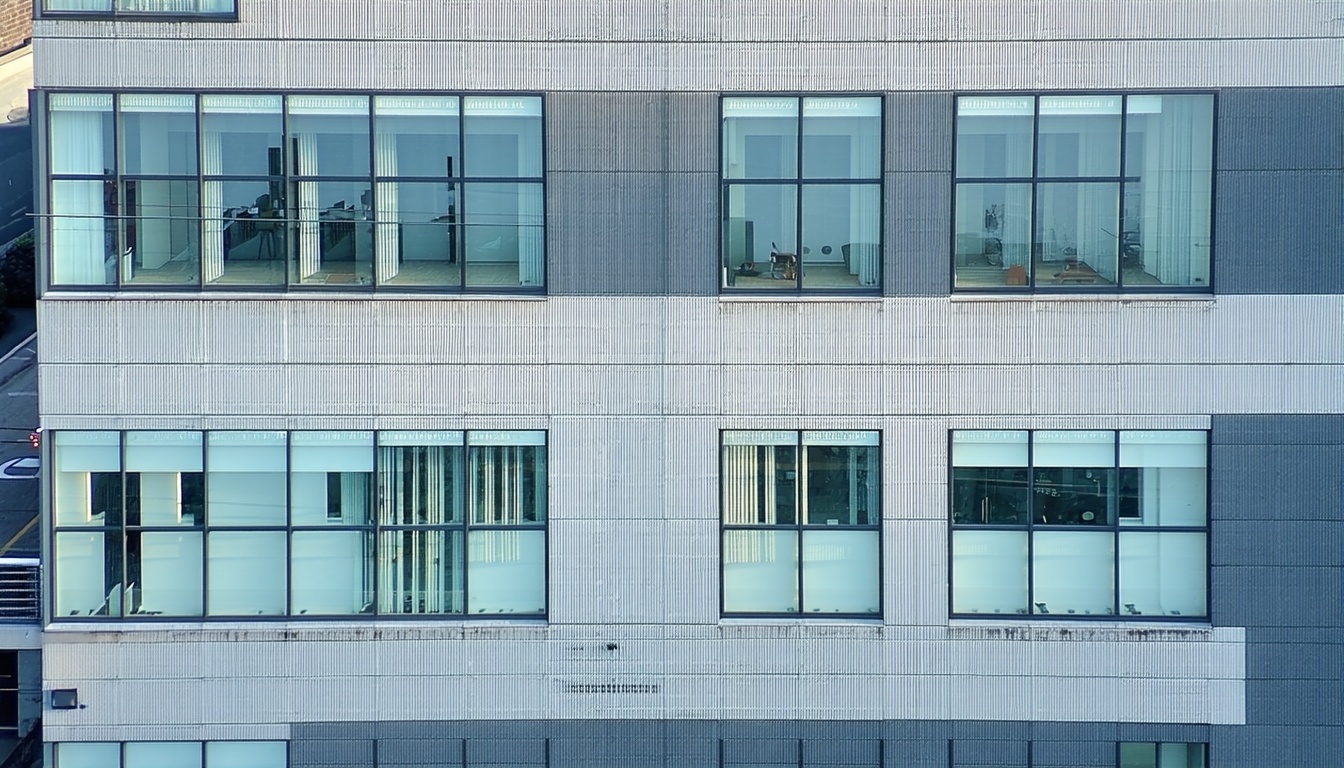 Aerial view of building facade during a drone inspection